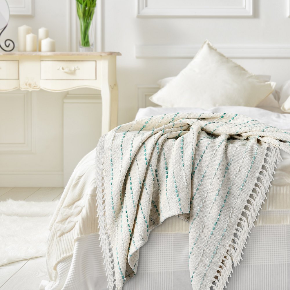 Cream/Turquoise Striped Hand-Woven Cotton Blend Throw Blanket. Picture 7