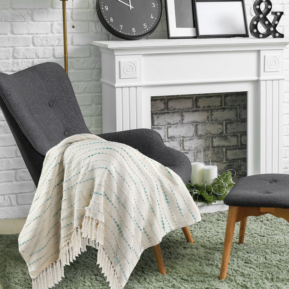 Cream/Turquoise Striped Hand-Woven Cotton Blend Throw Blanket. Picture 9