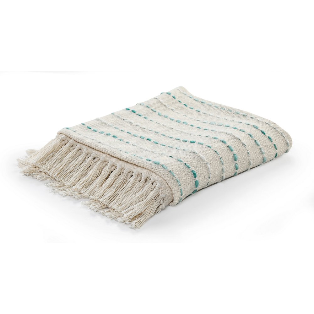 Cream/Turquoise Striped Hand-Woven Cotton Blend Throw Blanket. Picture 1