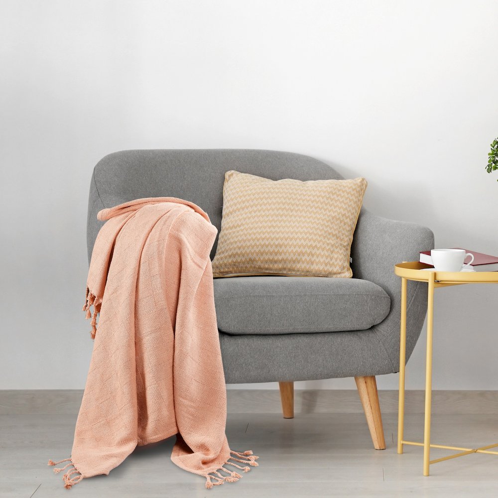 Peach Solid Hand-Woven All-Natural Cotton Throw Blanket. Picture 8