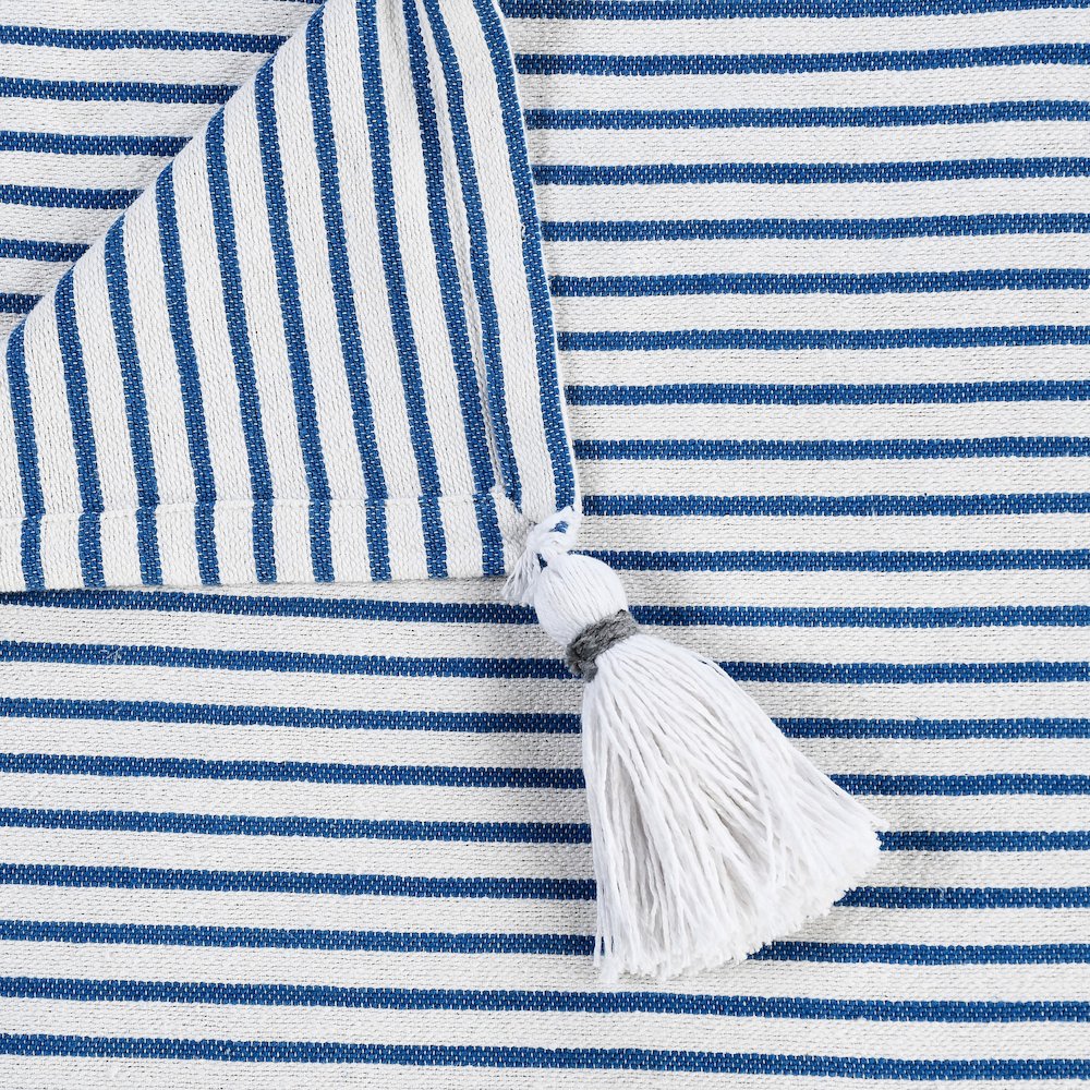 Blue/White Striped Hand-Woven All-Natural Cotton Throw Blanket. Picture 2