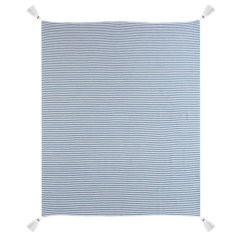 Blue/White Striped Hand-Woven All-Natural Cotton Throw Blanket. Picture 3