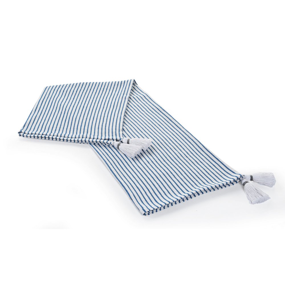 Blue/White Striped Hand-Woven All-Natural Cotton Throw Blanket. Picture 4