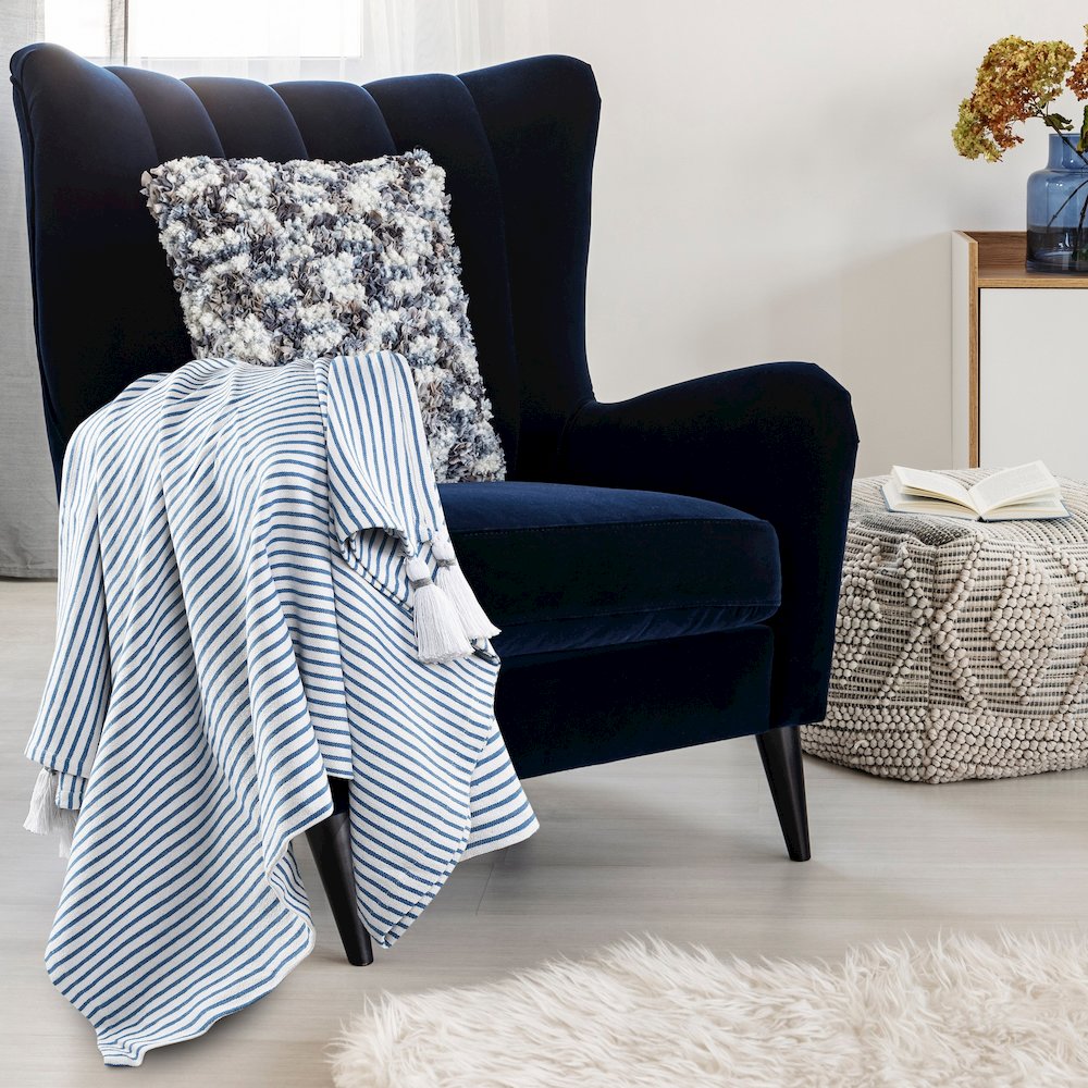 Blue/White Striped Hand-Woven All-Natural Cotton Throw Blanket. Picture 7