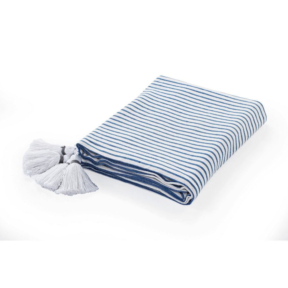Blue/White Striped Hand-Woven All-Natural Cotton Throw Blanket. Picture 1