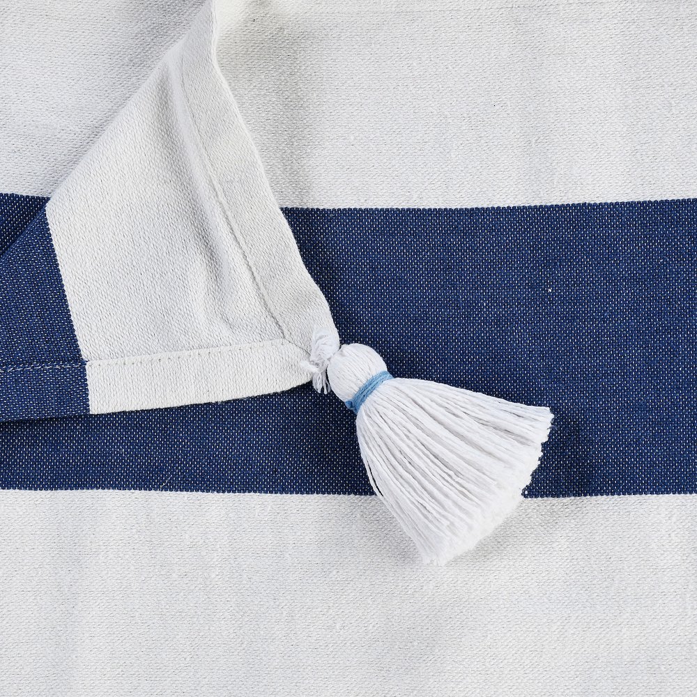 Navy/White Striped Hand-stitched All-Natural Cotton Throw Blanket. Picture 2