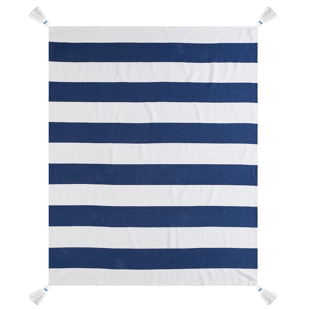 Navy/White Striped Hand-stitched All-Natural Cotton Throw Blanket. Picture 3