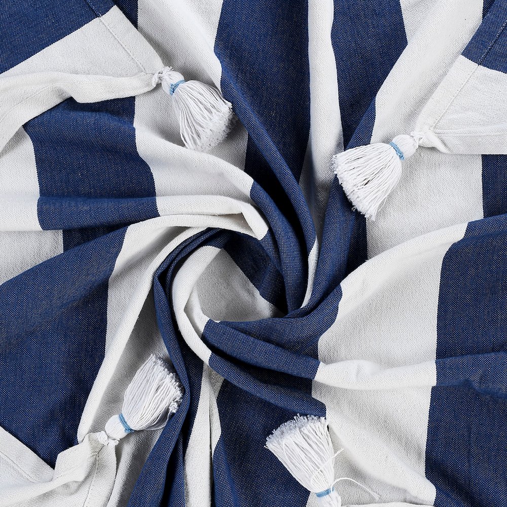Navy/White Striped Hand-stitched All-Natural Cotton Throw Blanket. Picture 5