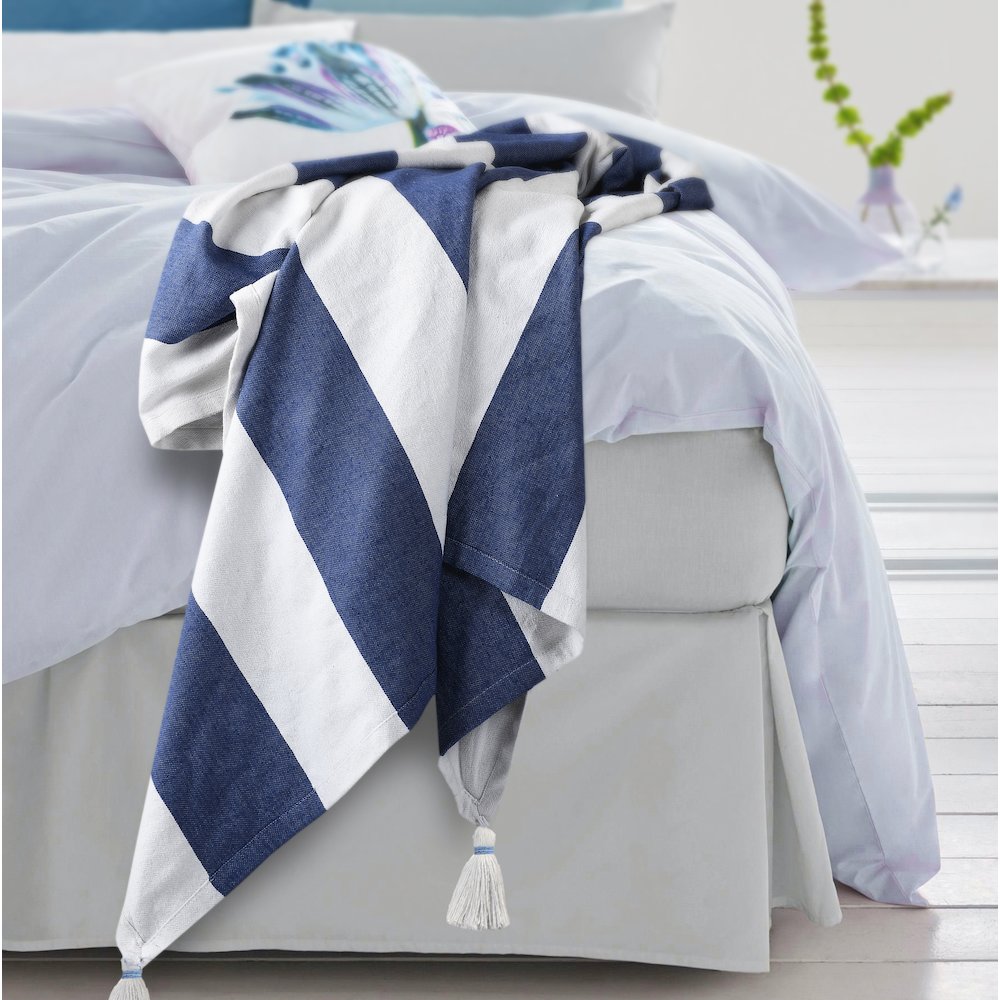 Navy/White Striped Hand-stitched All-Natural Cotton Throw Blanket. Picture 7