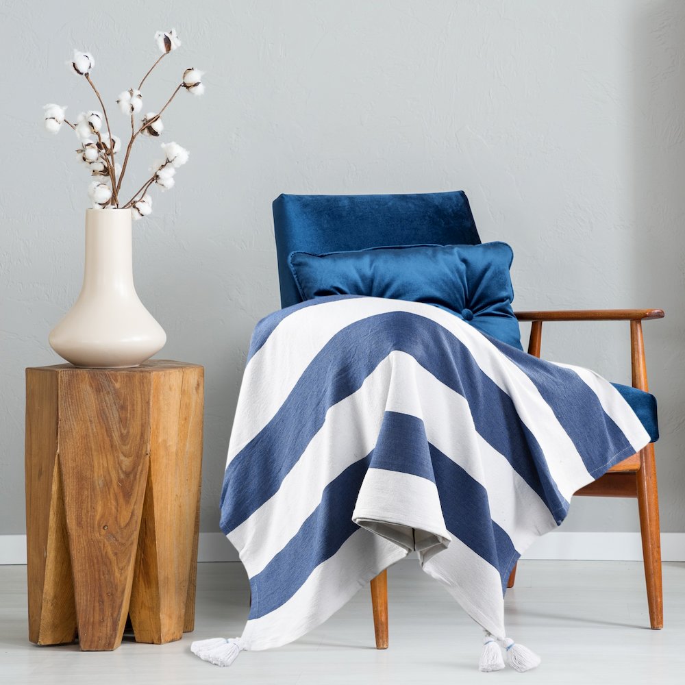 Navy/White Striped Hand-stitched All-Natural Cotton Throw Blanket. Picture 9