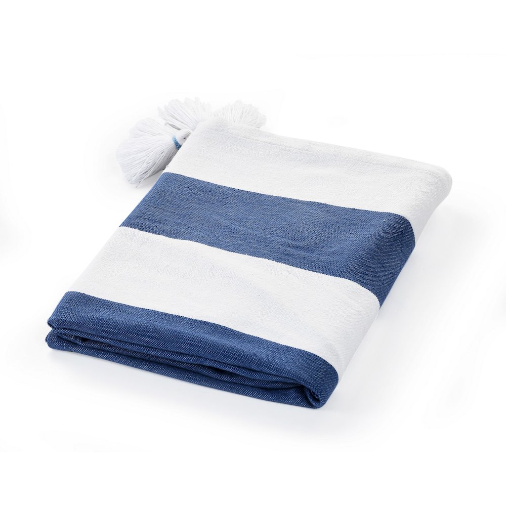 Navy/White Striped Hand-stitched All-Natural Cotton Throw Blanket. Picture 1