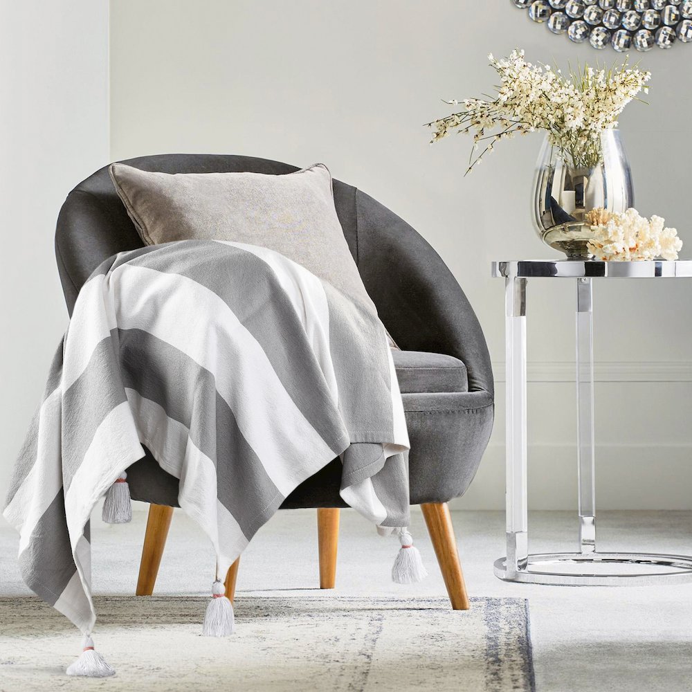 Grey/White Striped Hand-stitched All-Natural Cotton Throw Blanket. Picture 7