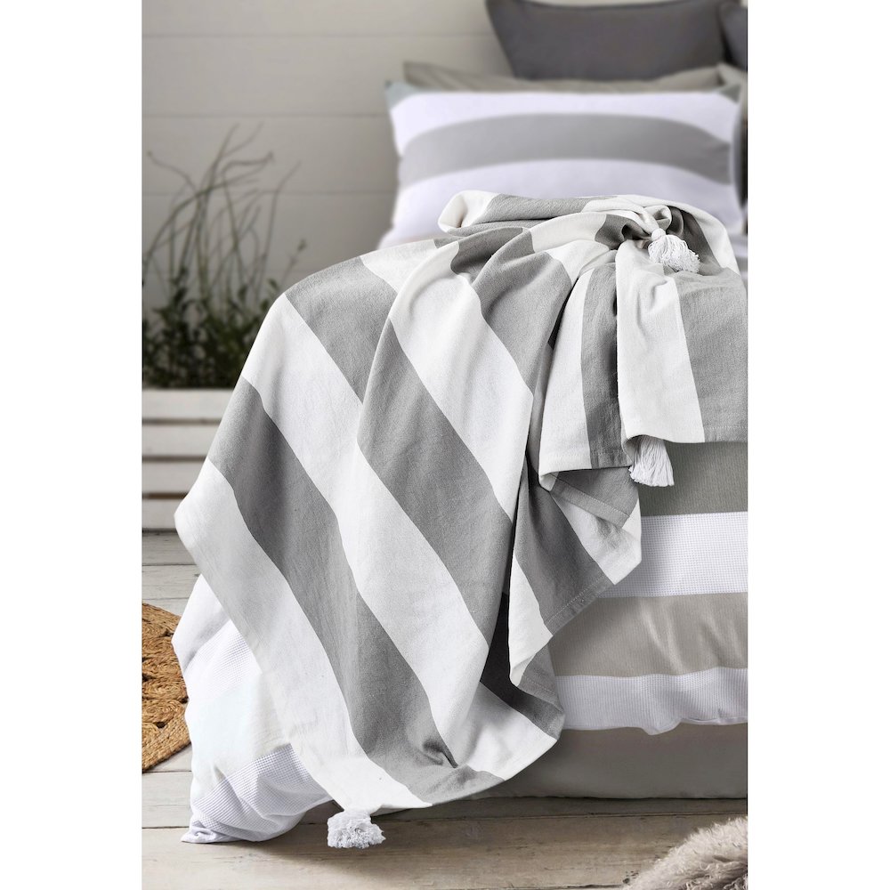 Grey/White Striped Hand-stitched All-Natural Cotton Throw Blanket. Picture 9