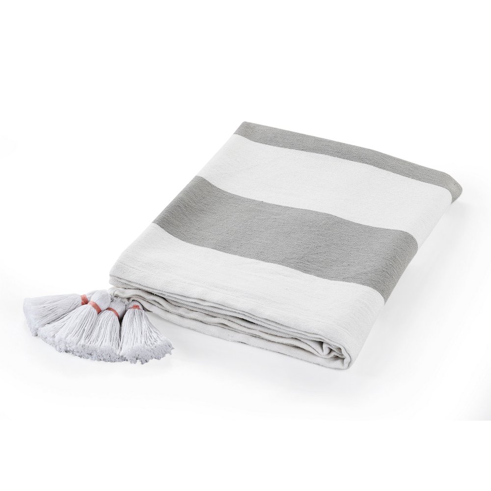 Grey/White Striped Hand-stitched All-Natural Cotton Throw Blanket. Picture 1