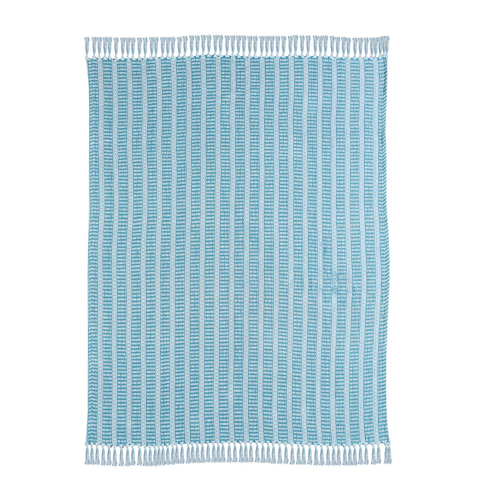 Ridgeline Striped Hand-Woven All-Natural Cotton Throw Blanket, Light Blue. Picture 3