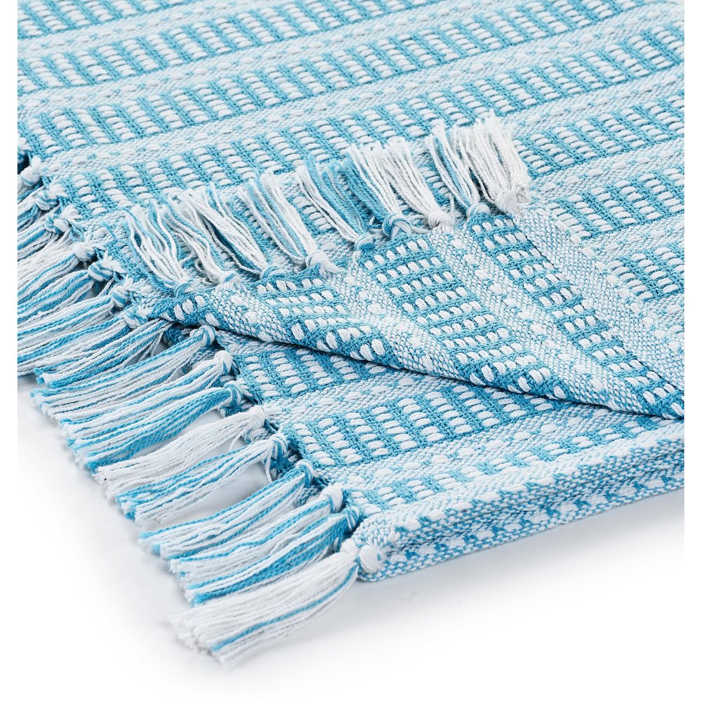 Ridgeline Striped Hand-Woven All-Natural Cotton Throw Blanket, Light Blue. Picture 4