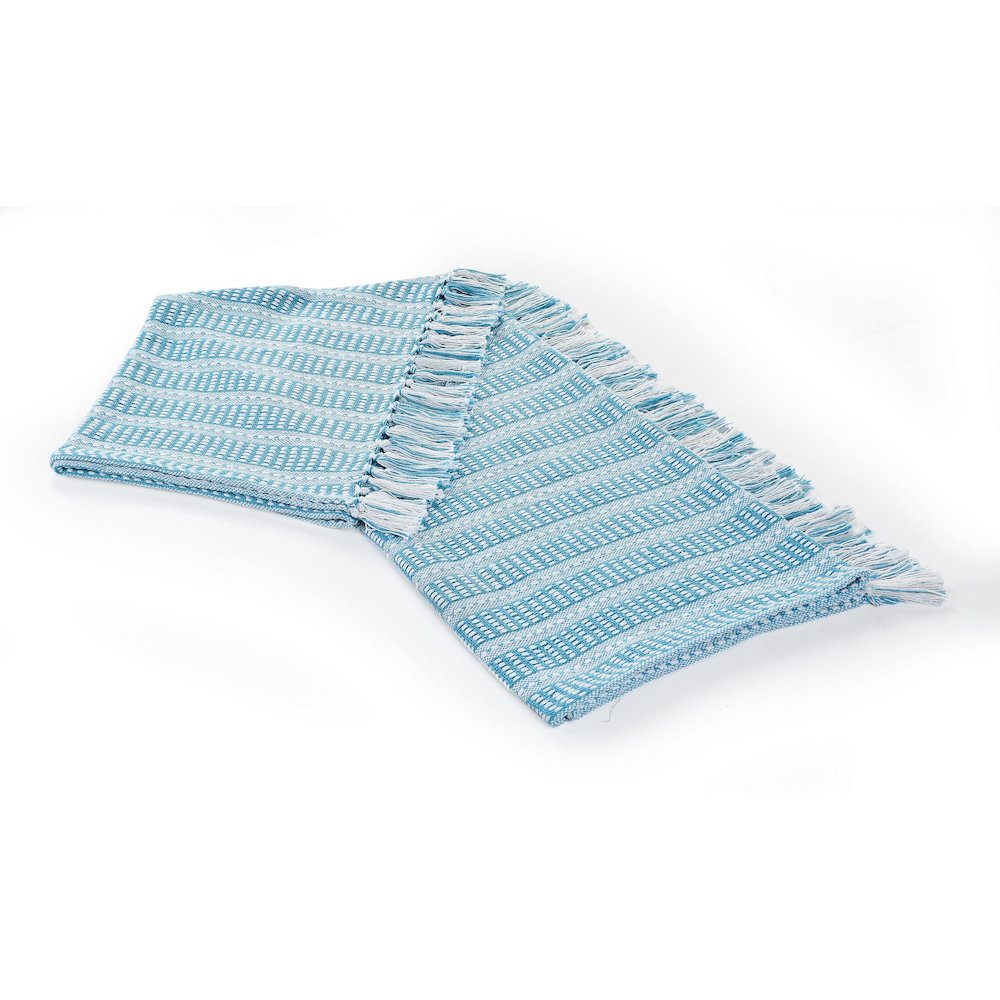 Ridgeline Striped Hand-Woven All-Natural Cotton Throw Blanket, Light Blue. Picture 5