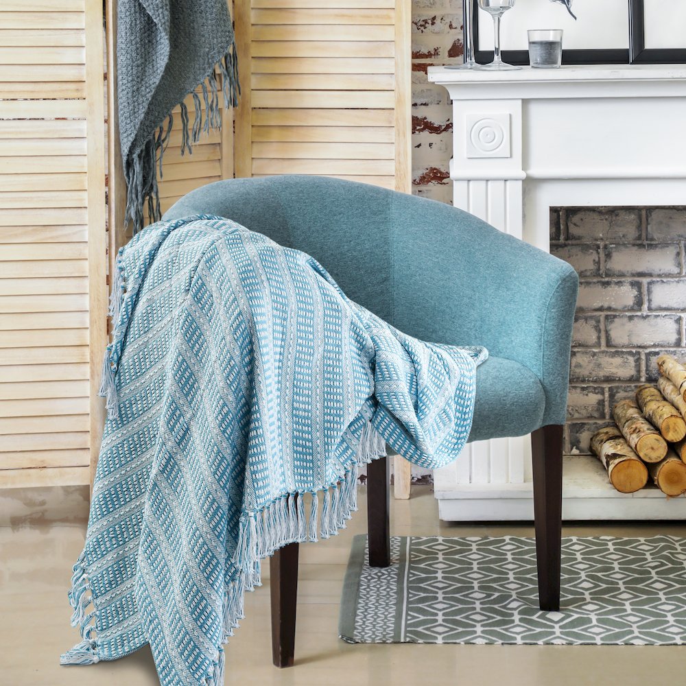 Ridgeline Striped Hand-Woven All-Natural Cotton Throw Blanket, Light Blue. Picture 6