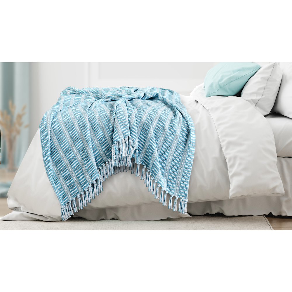 Ridgeline Striped Hand-Woven All-Natural Cotton Throw Blanket, Light Blue. Picture 7
