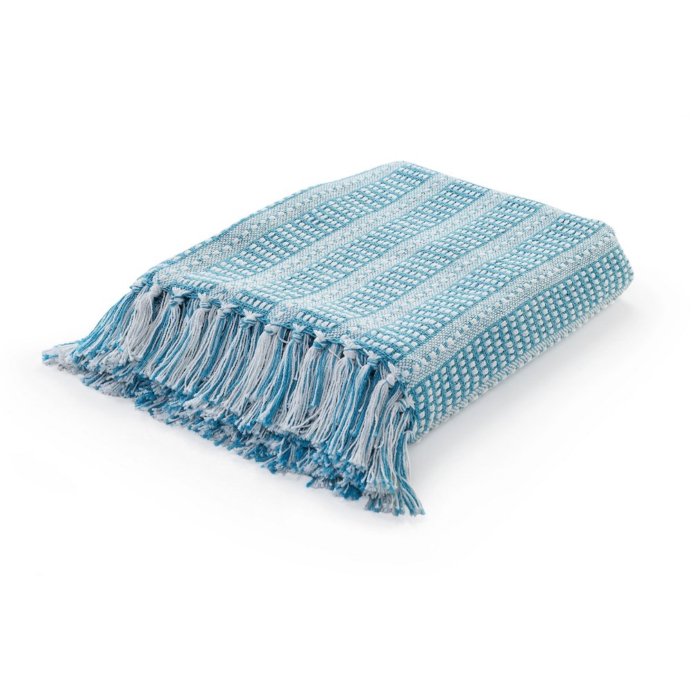 Ridgeline Striped Hand-Woven All-Natural Cotton Throw Blanket, Light Blue. Picture 1