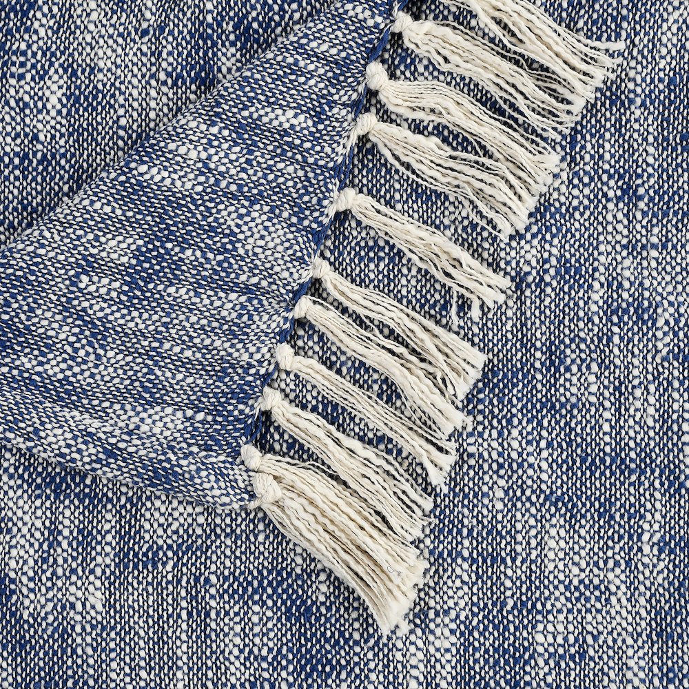 Navy Blue/White Distressed Hand-Woven All-Natural Cotton Throw Blanket. Picture 2