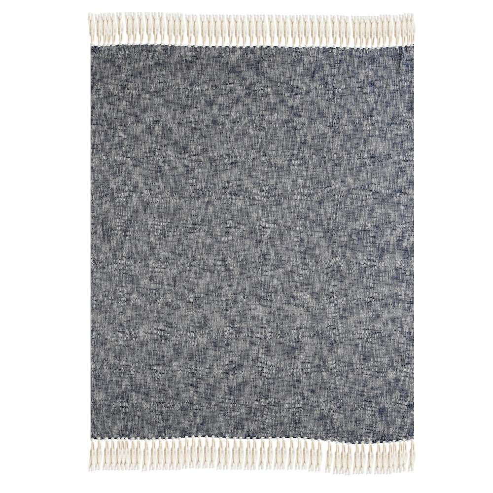 Navy Blue/White Distressed Hand-Woven All-Natural Cotton Throw Blanket. Picture 3