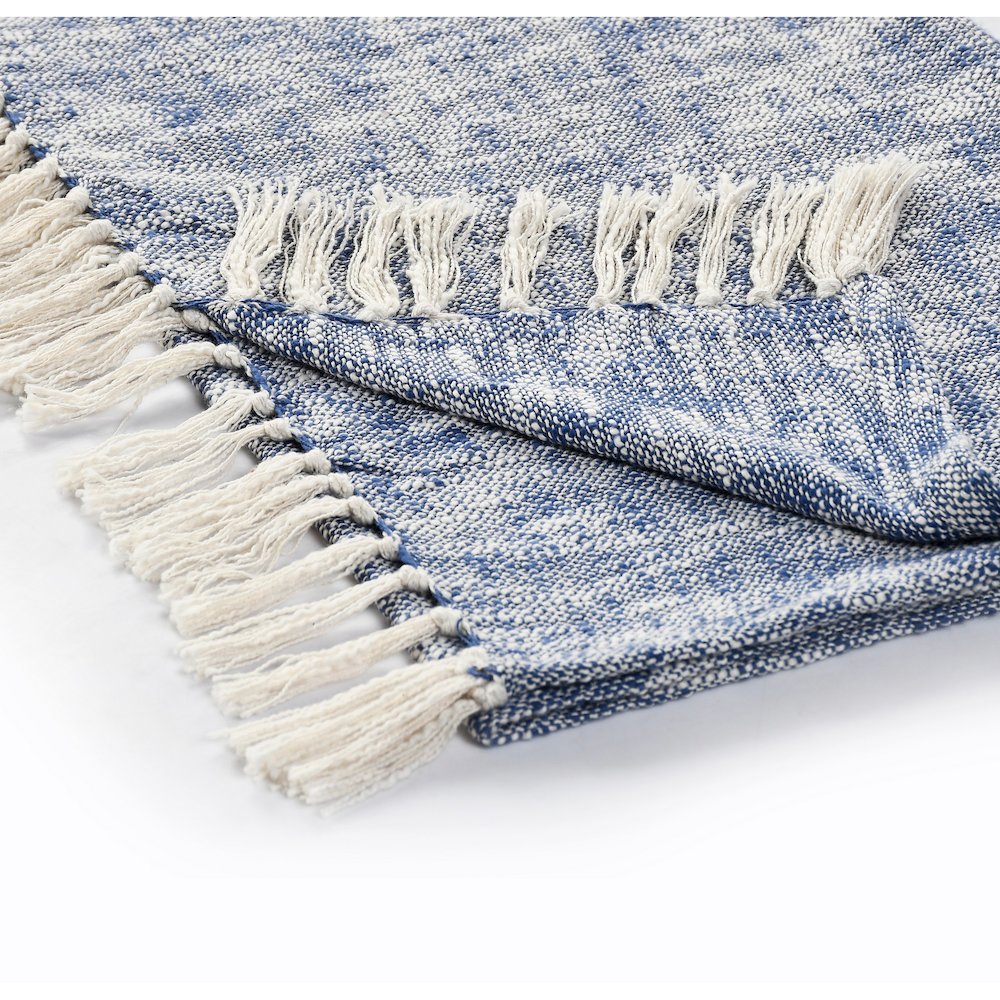 Navy Blue/White Distressed Hand-Woven All-Natural Cotton Throw Blanket. Picture 4