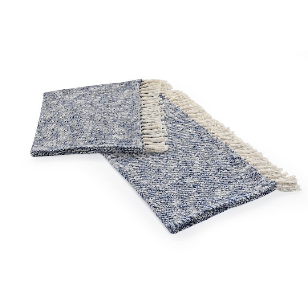 Navy Blue/White Distressed Hand-Woven All-Natural Cotton Throw Blanket. Picture 5