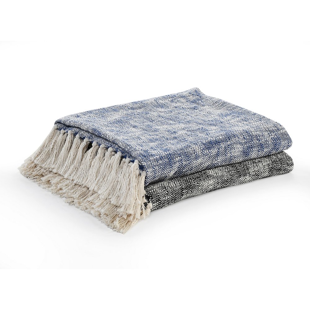 Navy Blue/White Distressed Hand-Woven All-Natural Cotton Throw Blanket. Picture 6