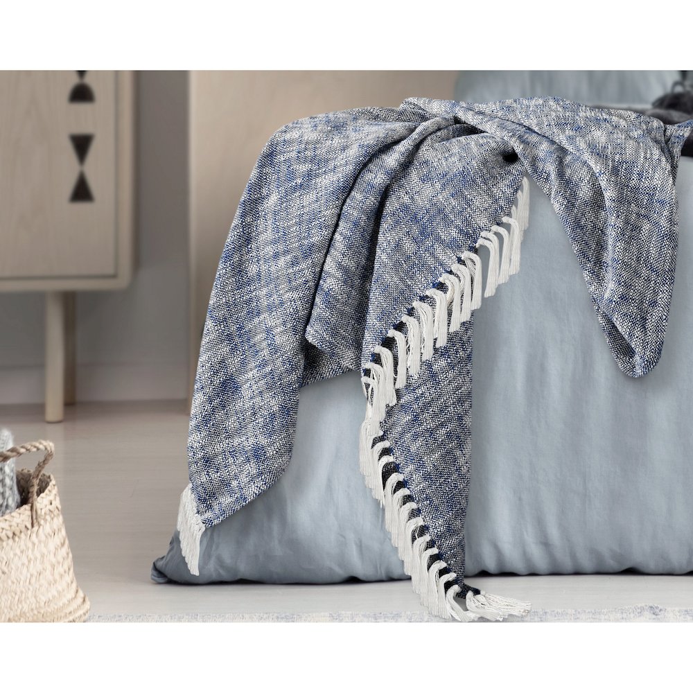 Navy Blue/White Distressed Hand-Woven All-Natural Cotton Throw Blanket. Picture 7