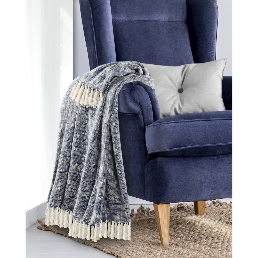 Navy Blue/White Distressed Hand-Woven All-Natural Cotton Throw Blanket. Picture 9
