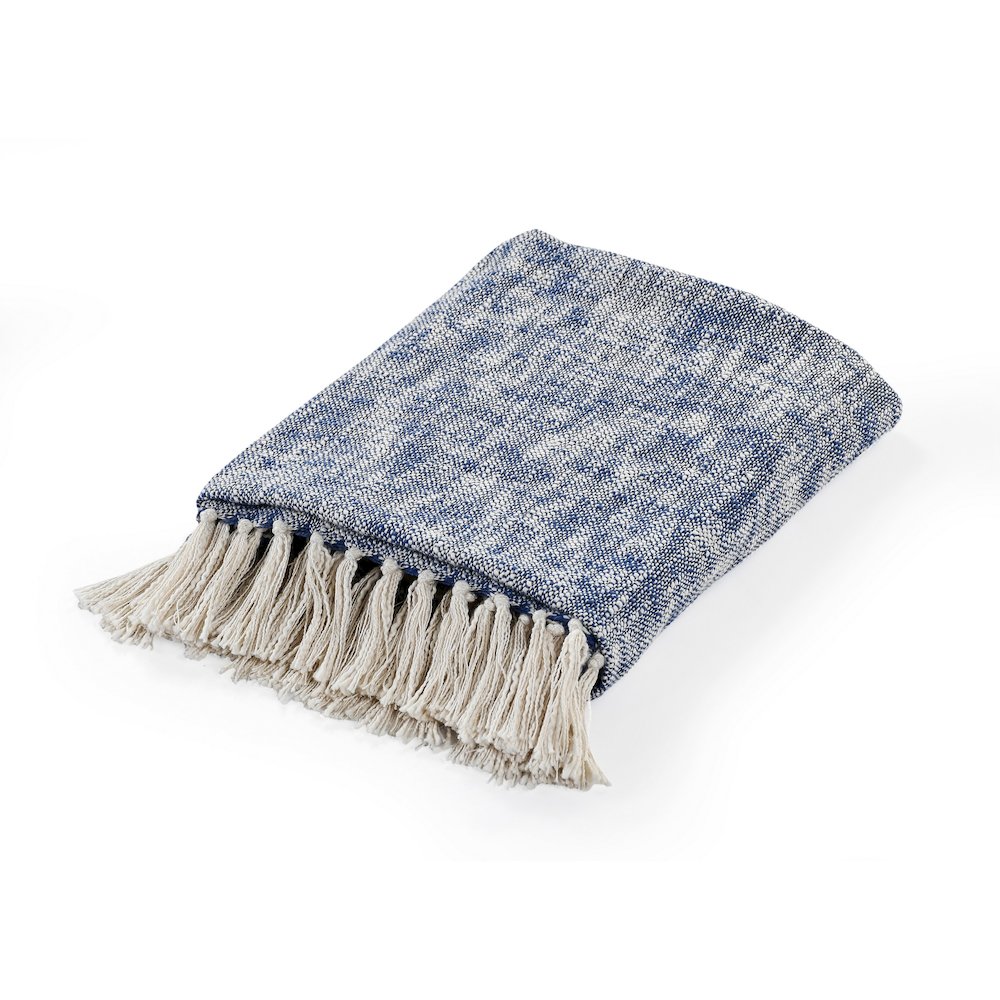 Navy Blue/White Distressed Hand-Woven All-Natural Cotton Throw Blanket. Picture 1