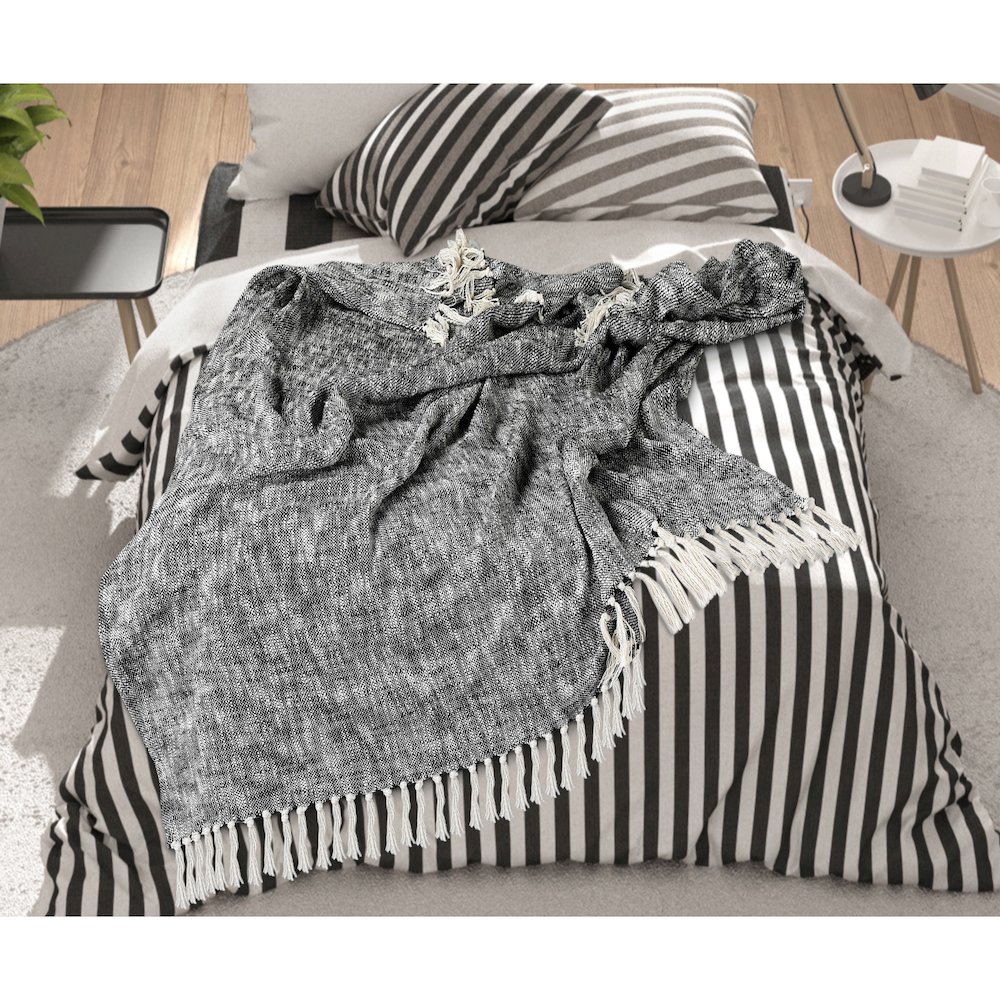 Black/White Distressed Hand-Woven All-Natural Cotton Throw Blanket. Picture 7