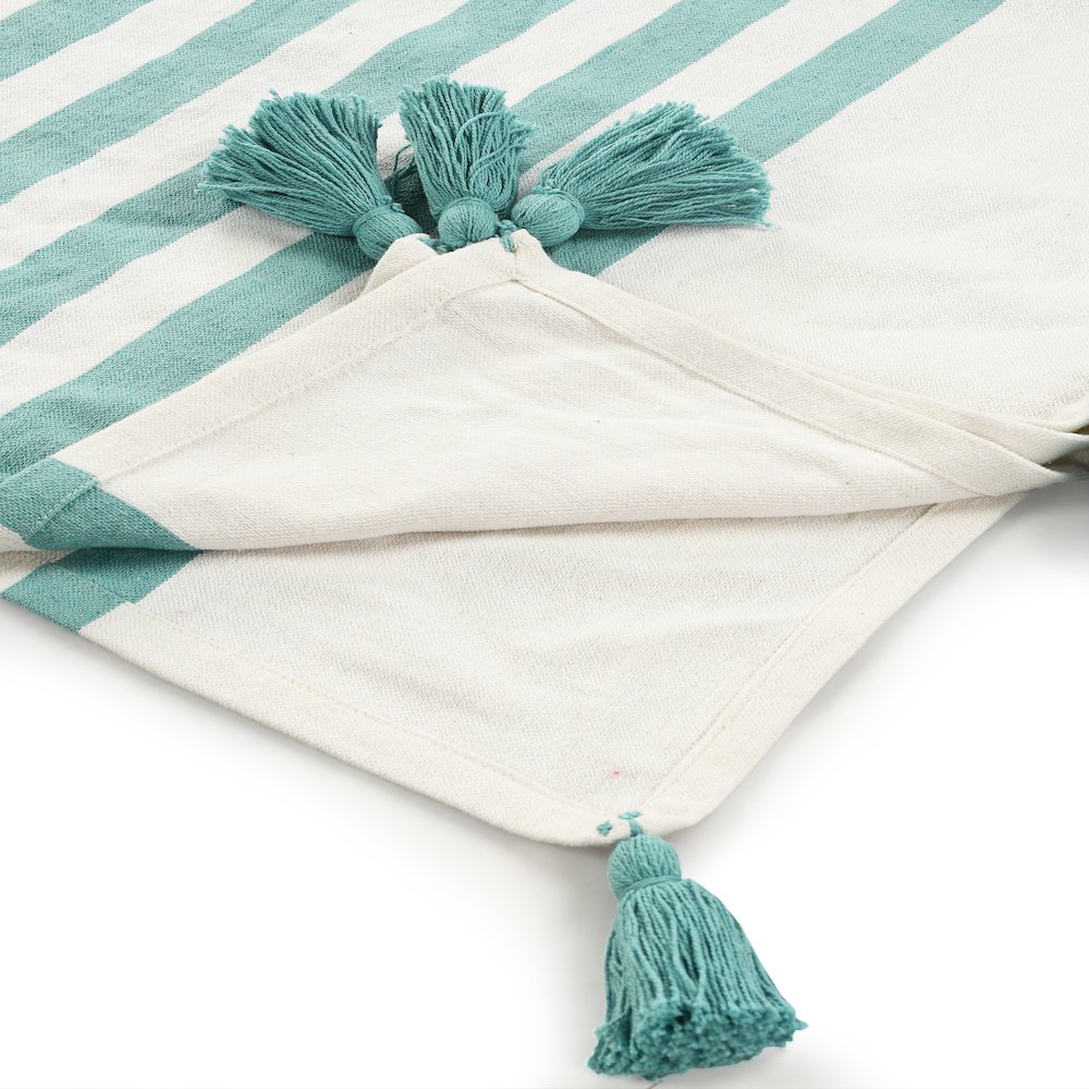 Aqua Blue/White Striped Hand-Woven All-Natural Cotton Throw Blanket. Picture 3