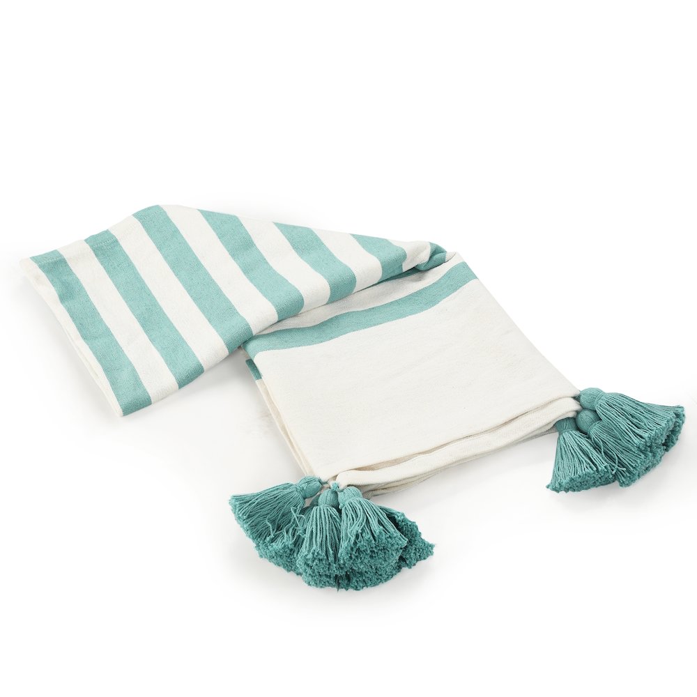 Aqua Blue/White Striped Hand-Woven All-Natural Cotton Throw Blanket. Picture 4