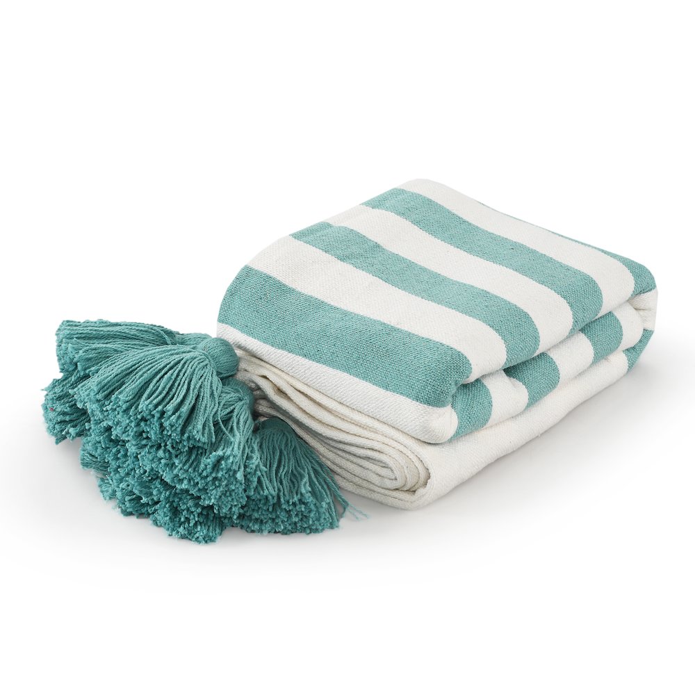 Aqua Blue/White Striped Hand-Woven All-Natural Cotton Throw Blanket. Picture 6