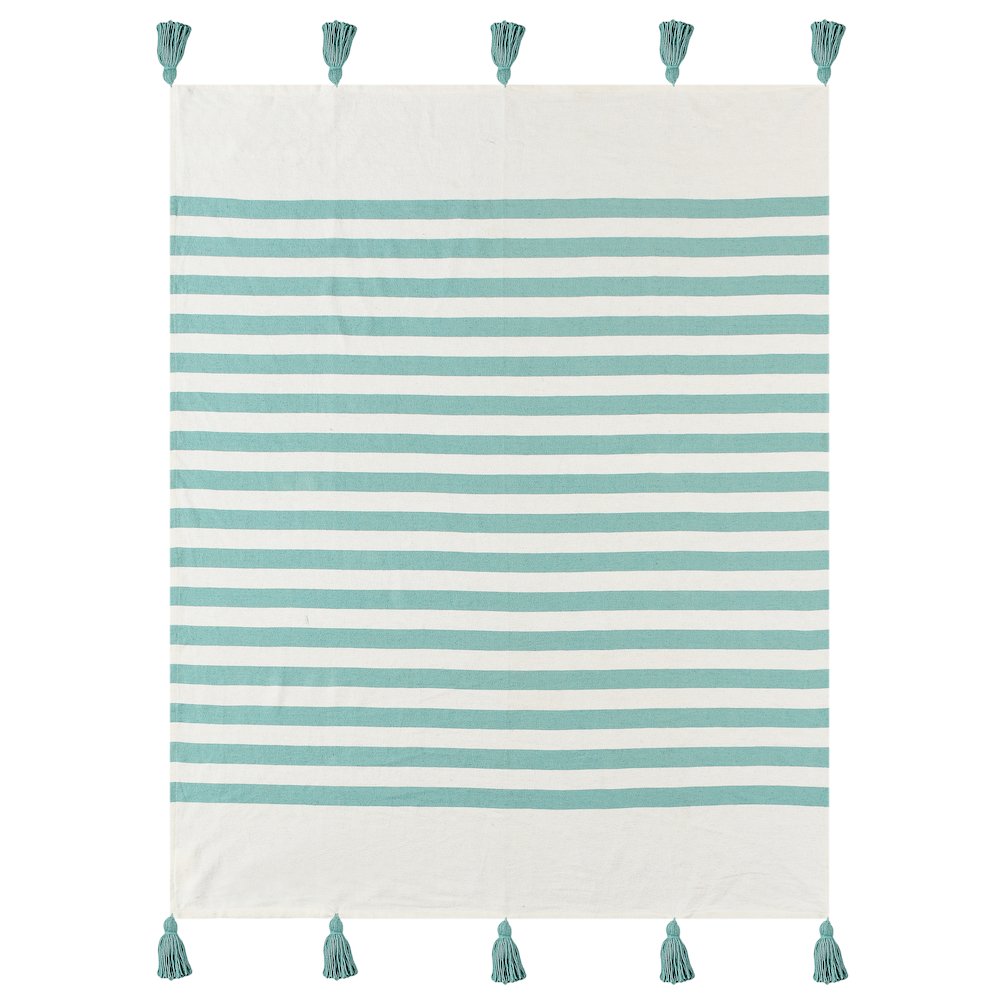 Aqua Blue/White Striped Hand-Woven All-Natural Cotton Throw Blanket. Picture 1