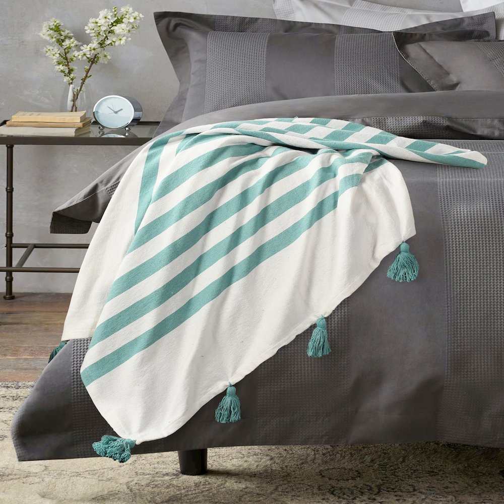 Aqua Blue/White Striped Hand-Woven All-Natural Cotton Throw Blanket. Picture 8