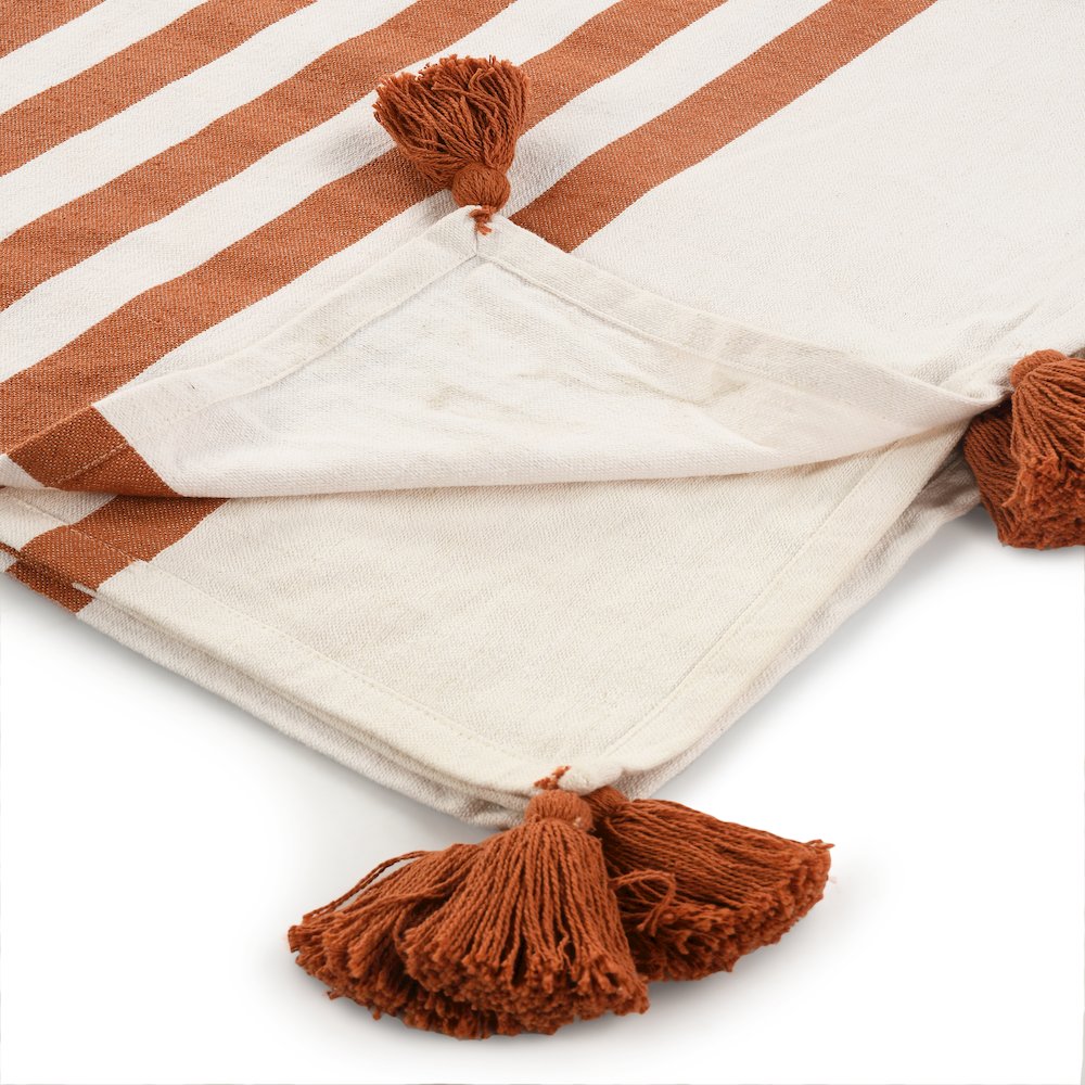 Adobe Orange/White Striped Hand-Woven All-Natural Cotton Throw Blanket. Picture 3