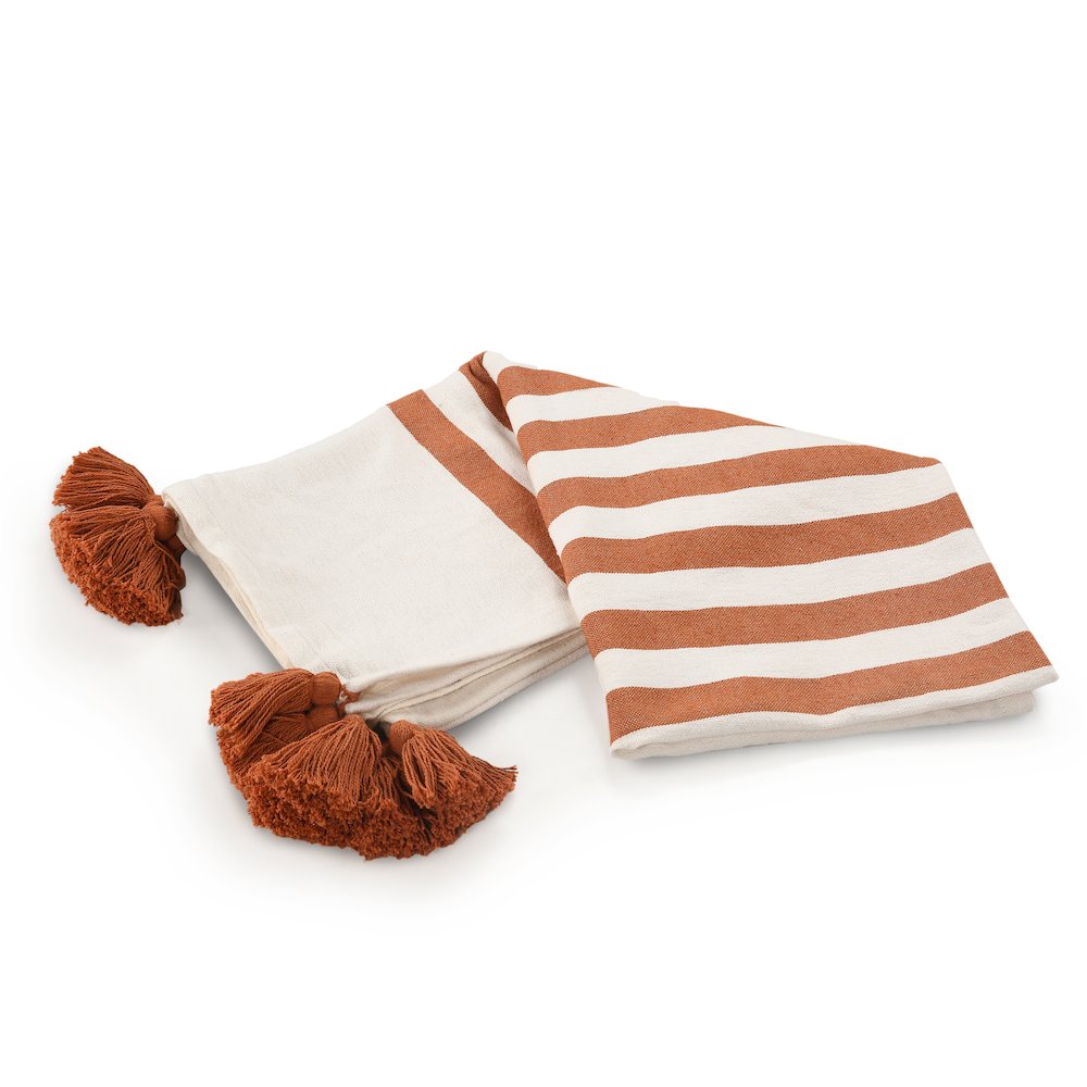 Adobe Orange/White Striped Hand-Woven All-Natural Cotton Throw Blanket. Picture 4