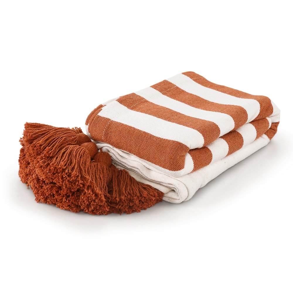 Adobe Orange/White Striped Hand-Woven All-Natural Cotton Throw Blanket. Picture 6