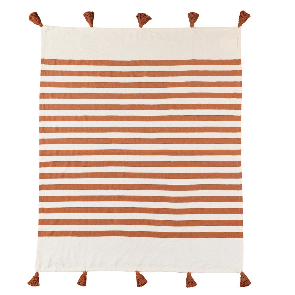 Adobe Orange/White Striped Hand-Woven All-Natural Cotton Throw Blanket. Picture 1