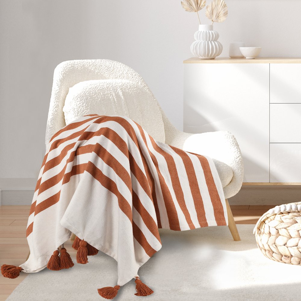 Adobe Orange/White Striped Hand-Woven All-Natural Cotton Throw Blanket. Picture 7