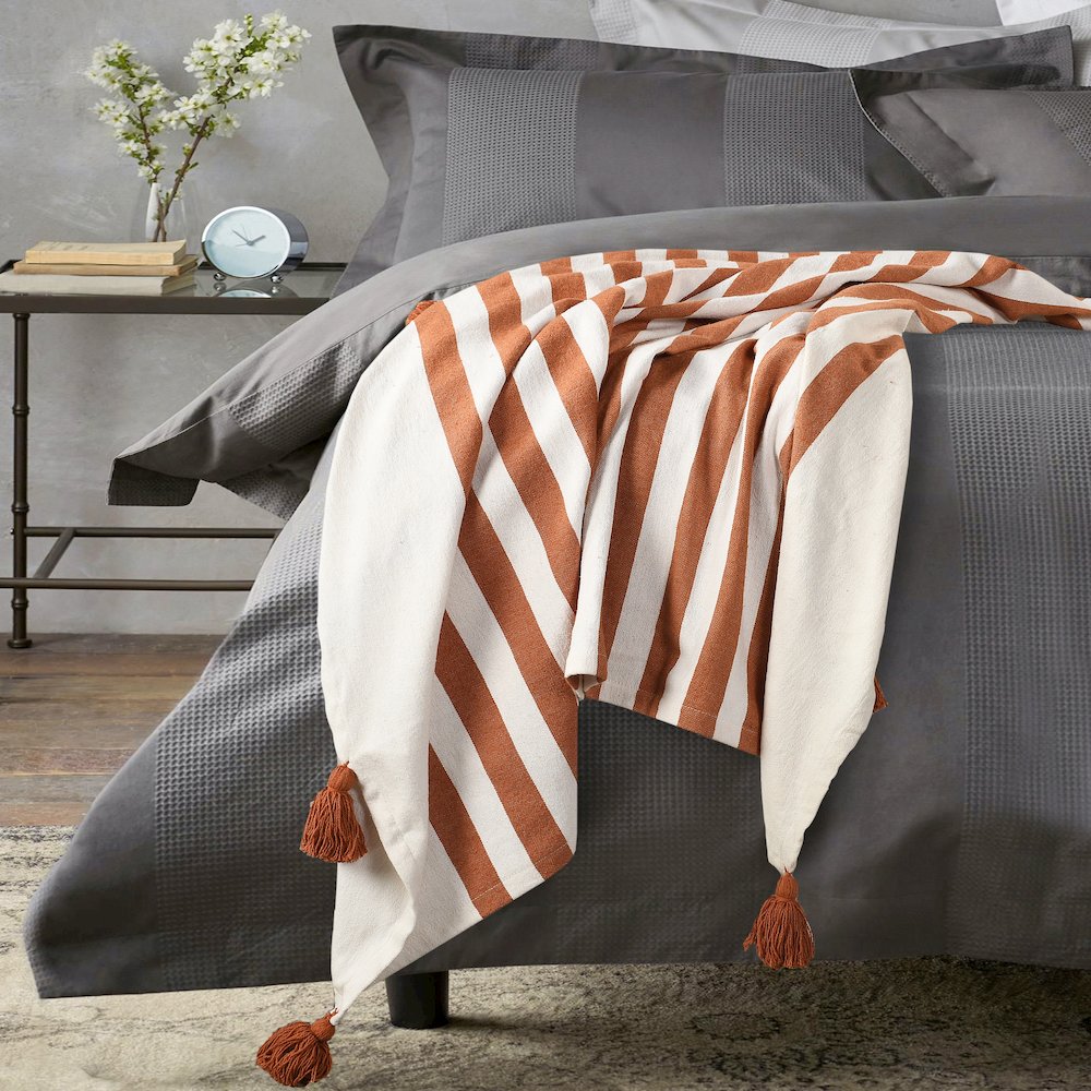 Adobe Orange/White Striped Hand-Woven All-Natural Cotton Throw Blanket. Picture 8