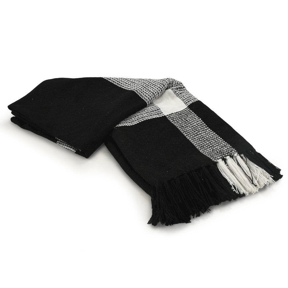 Black/White Tartan/Plaid Hand-Woven All-Natural Cotton Throw Blanket. Picture 4