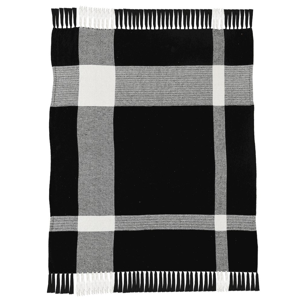 Black/White Tartan/Plaid Hand-Woven All-Natural Cotton Throw Blanket. Picture 1