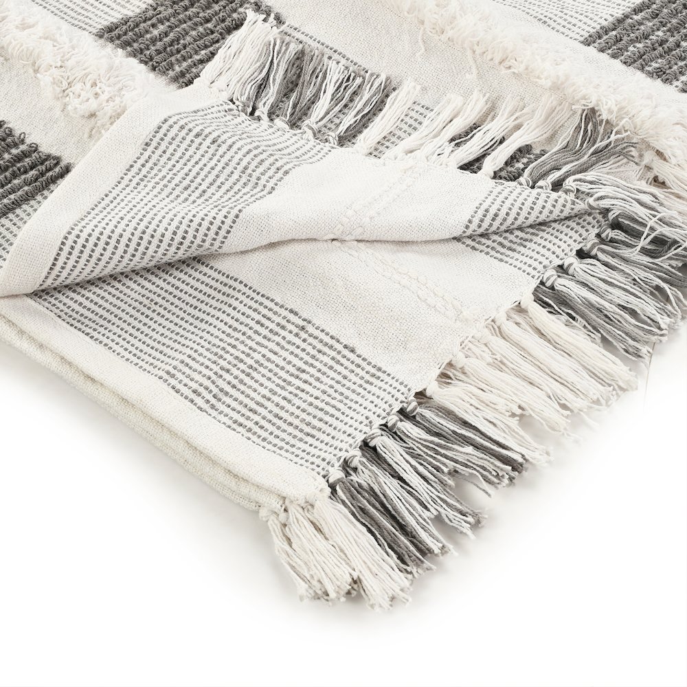 Gray/Cream Checkered Hand-Woven All-Natural Cotton Throw Blanket. Picture 3