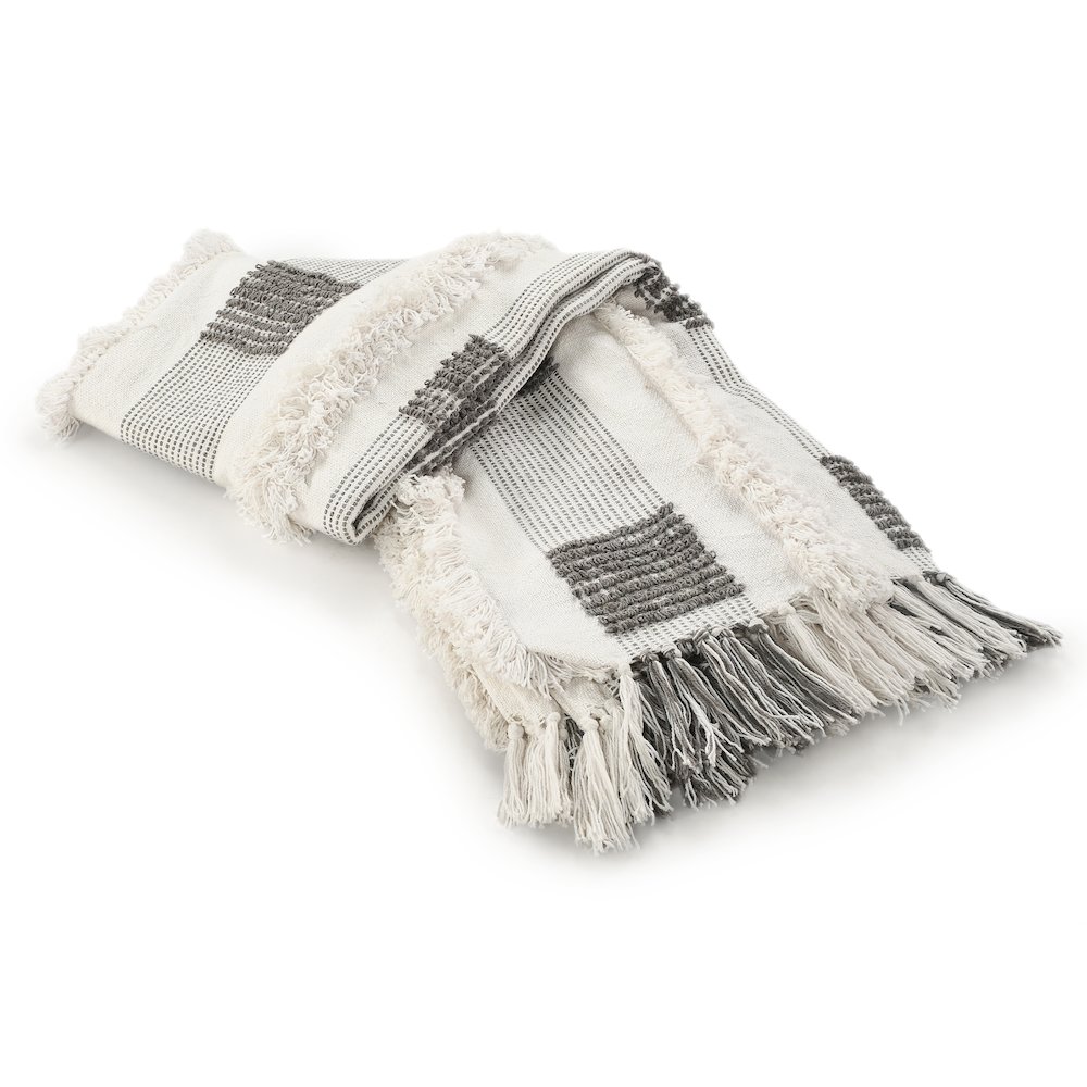 Gray/Cream Checkered Hand-Woven All-Natural Cotton Throw Blanket. Picture 4