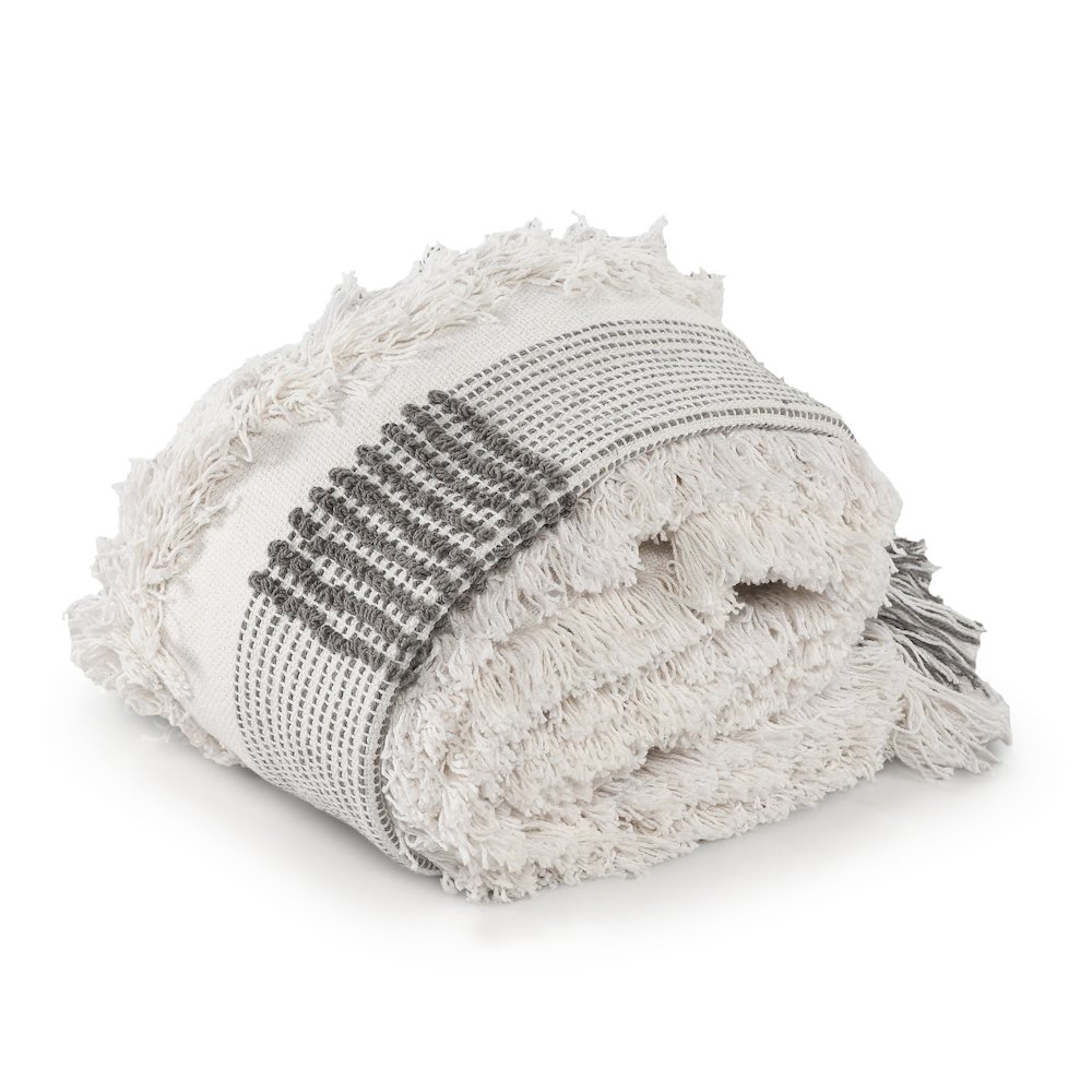 Gray/Cream Checkered Hand-Woven All-Natural Cotton Throw Blanket. Picture 6