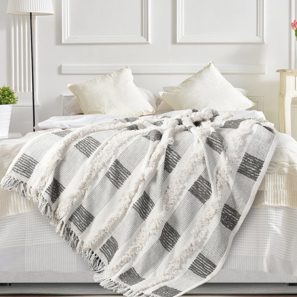 Gray/Cream Checkered Hand-Woven All-Natural Cotton Throw Blanket. Picture 8
